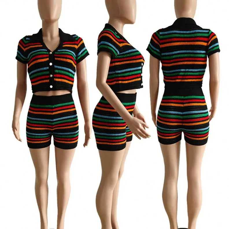 Summer Boutique Clothing Knitted 2 Crop Top and Women Sets Striped Loungewear Knit Two Piece Ladies Shorts Outfits