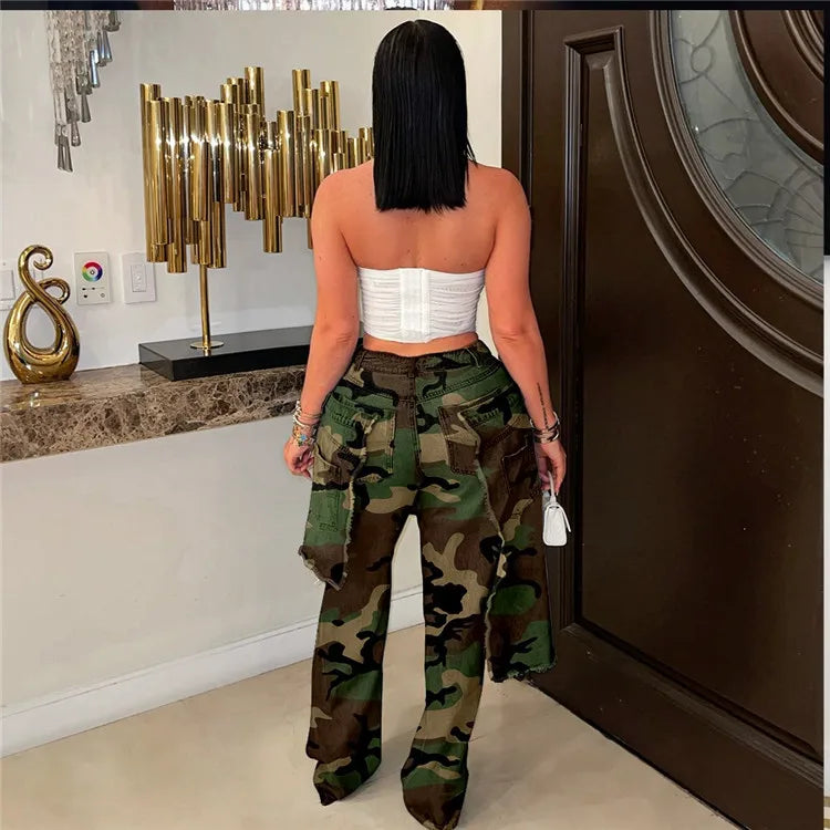 2025 Fall Women's Ripped Out Stretchy Denim Pants Sexy High Waist Hole Camouflage Straight-leg Jeans Y2k Streetwear