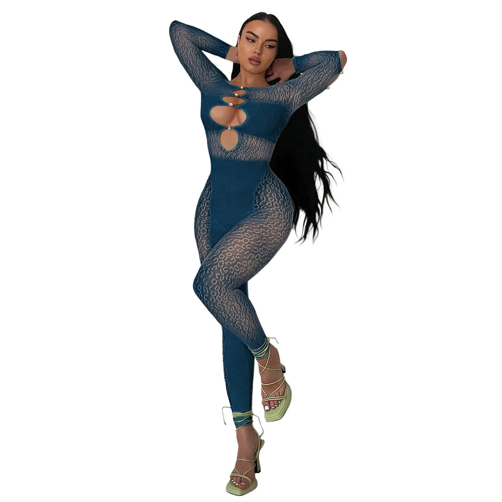 2024 Spring Jumpsuits See-through Leopard Print Pearl Buckle One Shoulder Sexy Jumpsuits for Women