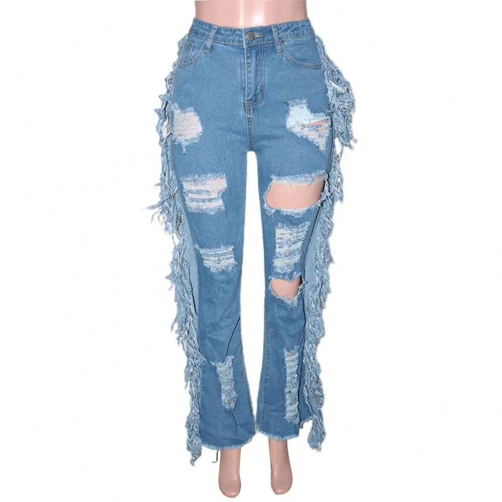Fashionable Street Trend Women's Plus Size Pants Casual Hole Fringe Frayed Denim Jeans