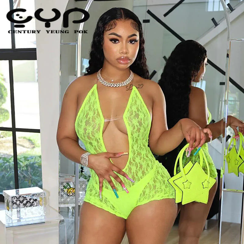 2024 Women's Sexy Solid Bodycon Jumpsuit New See-Through Deep V-Neck Sleeveless with Lace-up Backless Detail for Summer Sports