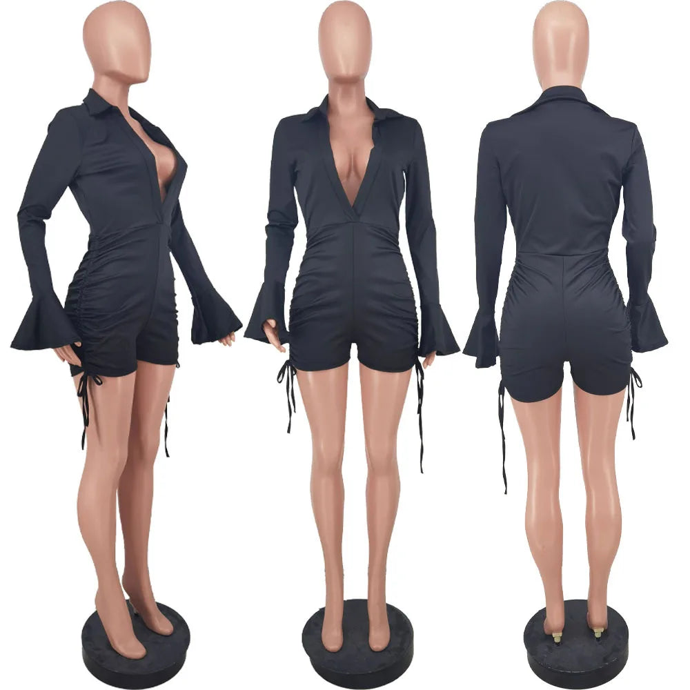 31153 Chic Design Women's Sexy Solid Color Long Sleeve Shorts Solid Color Lace-up Jumpsuit