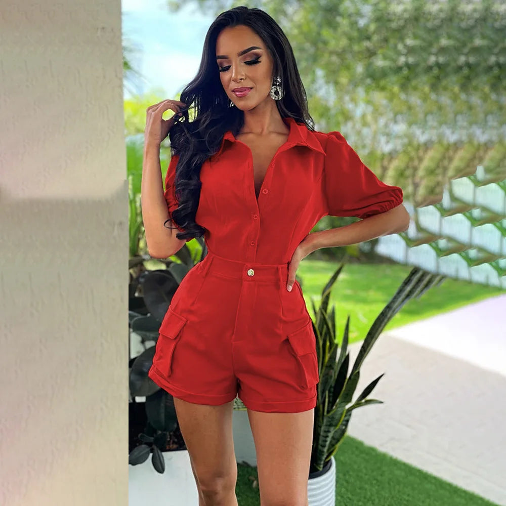Sm9311 New Arrivals Overall 2024 Button Zipper Bubble Sleeve Pocket Loose Short Sleeve Cardigan Shorts Two Piece Set