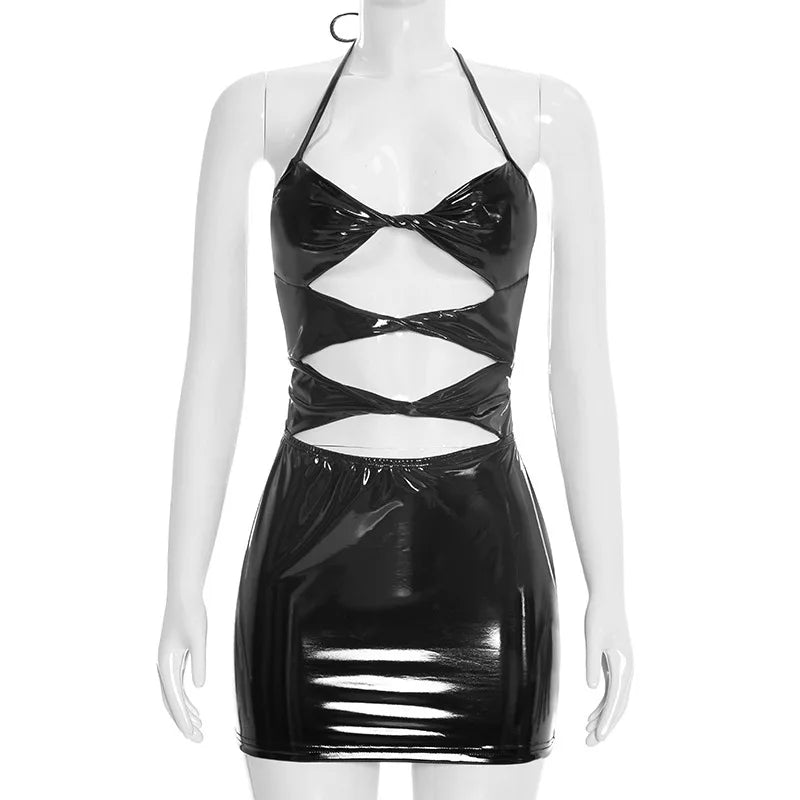 Sexy Women's Sleeveless Pu Dresses Hollow Out Backless Solid Color Slimming Pu Leather Halter Dress