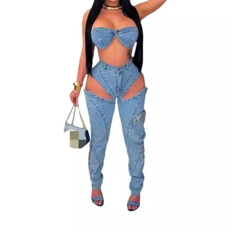 Washed Stretch Denim Split Zipper 3D Pocket Wrap Chest Sexy Top Pants 2 Piece Set Fashion