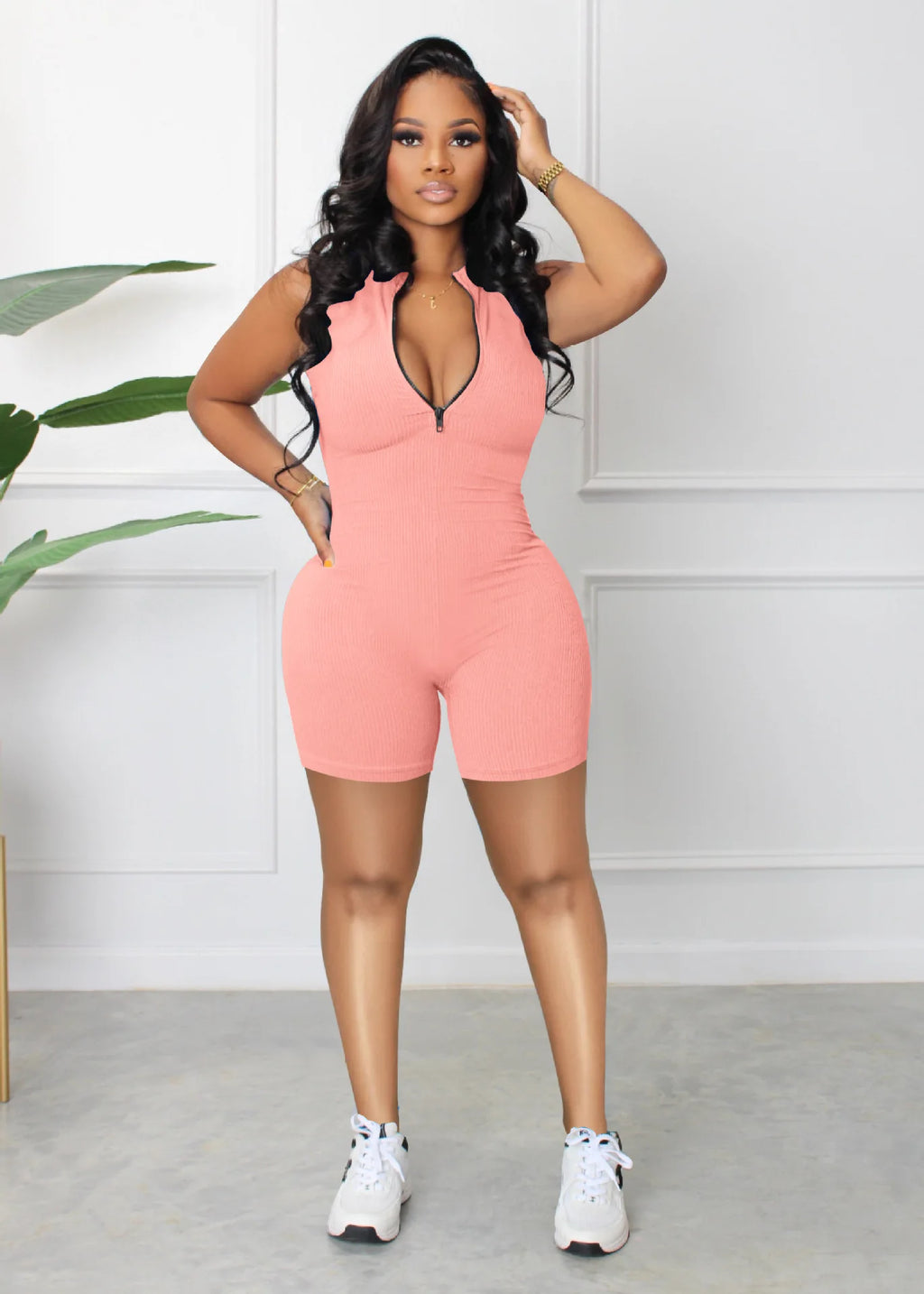 2024 New Summer Ribbed Zipper V Neck Bodycon Rompers Women Plus Size Jumpsuit Fitness Jumpsuit Women