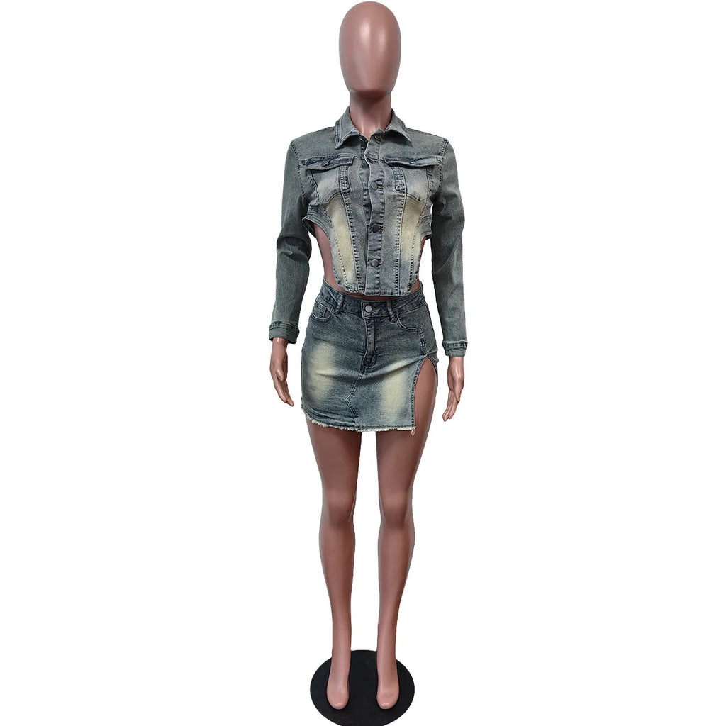 2024 New Women's Casual Denim Above Knee Skirt Set with Pockets Sexy Cut Patchwork Crop Top Button Two Pieces