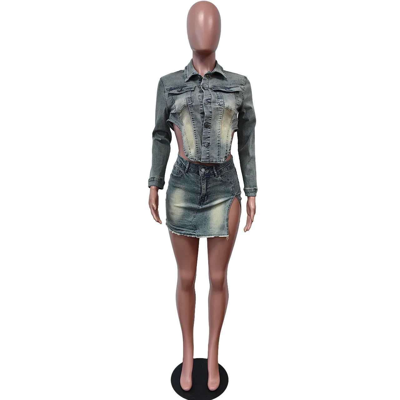 2024 New Women's Casual Denim Above Knee Skirt Set with Pockets Sexy Cut Patchwork Crop Top Button Two Pieces