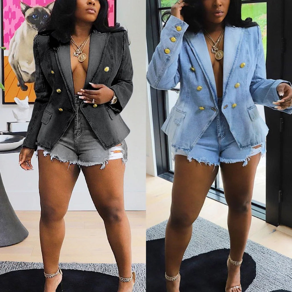 G0614 High Quality Washed Vintage Jacket Double Breasted Blazer Denim Jacket Women