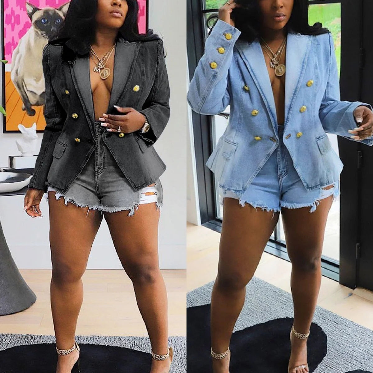 G0614 High Quality Washed Vintage Jacket Double Breasted Blazer Denim Jacket Women