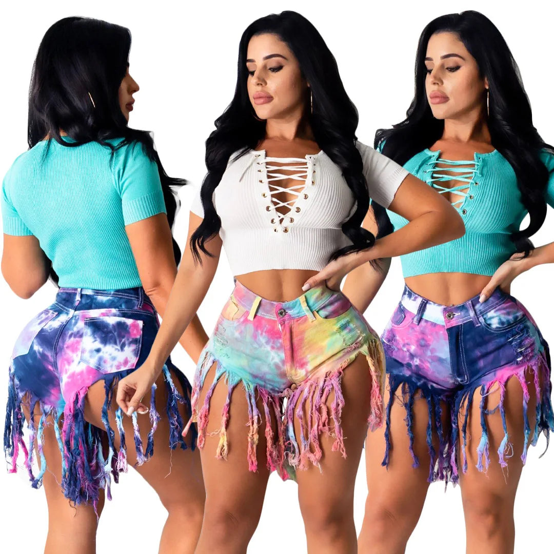 2026 Summer New Fashion Tie Dye Long tassel Denim Shorts For Women High Elasticity Skinny Jeans Shorts Street Trendy Clothing