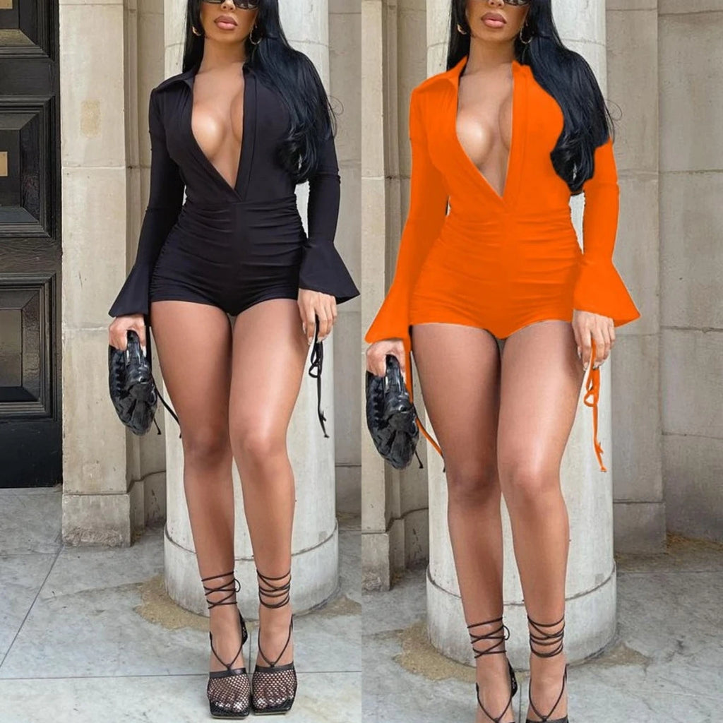 31153 Chic Design Women's Sexy Solid Color Long Sleeve Shorts Solid Color Lace-up Jumpsuit