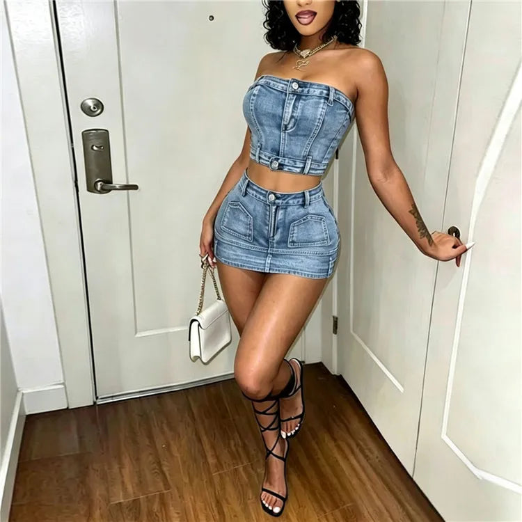 Lady Jeans Mini Skirt Outfit Set Sexy Women Strapless Elegant Two Pieces Denim Club Matching Set Top and Mini Skirt