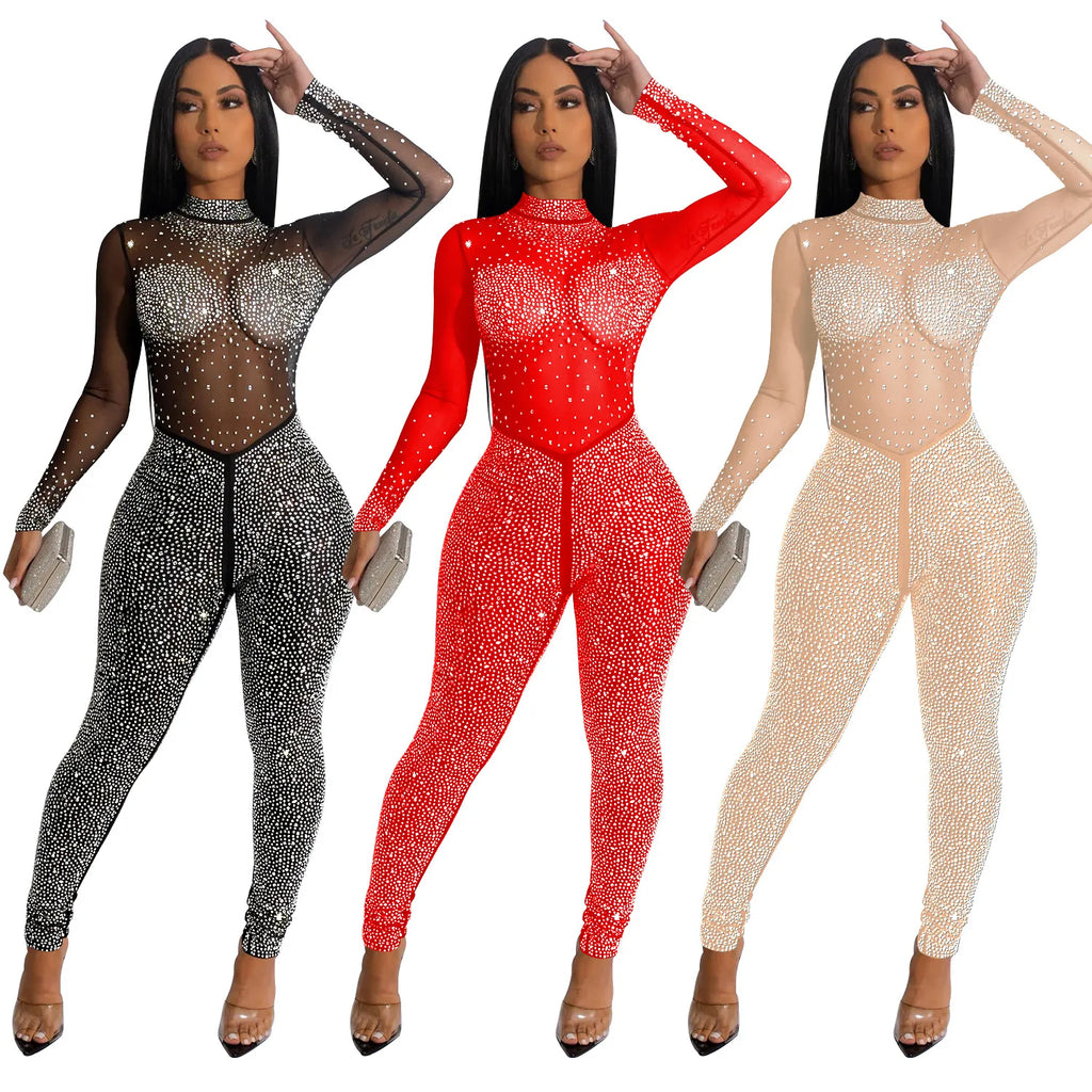 BH1059 Women's Sexy Breathable Jumpsuit Solid Color Mesh Rhinestone Long Sleeve Trousers for Autumn