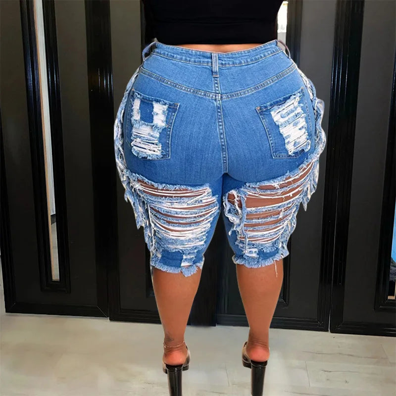 2022 New Arrivals Plus Size Women's Clothing Fashion Solid Color Tassel Denim Sexy Ripped Elastic Plus Size Denim Shorts