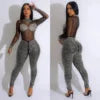 BH1059 Women's Sexy Breathable Jumpsuit Solid Color Mesh Rhinestone Long Sleeve Trousers for Autumn