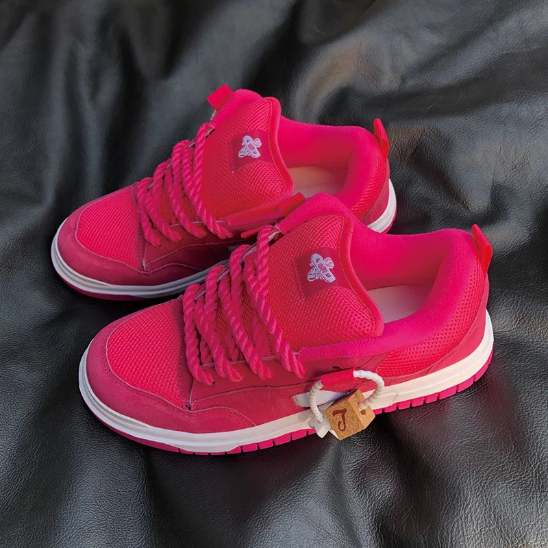 Hot Pink Streetwear Woman Sneakers Breathable Mesh Skate Shoes with Chunky Rope Laces Women Vate Pink Mesh Thick Sole Platform