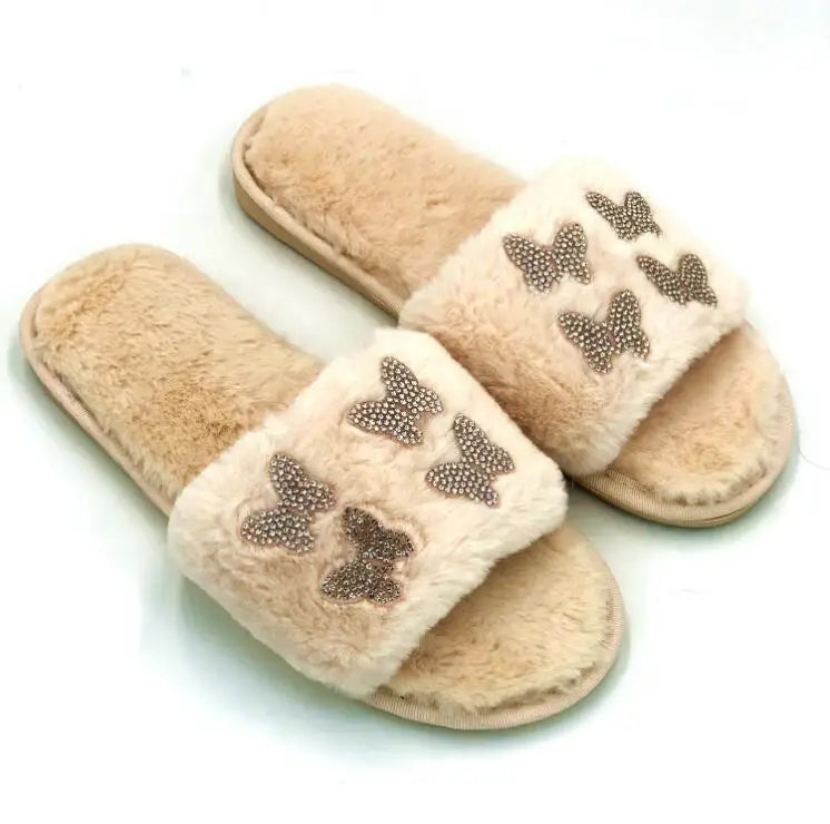 2025 autumn/winter women new round-toe thick-soled flat mid-heel fur sandals bowknot rhinestone slippers Home slippers