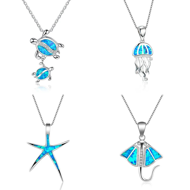 Boho Cute Sea Dolphin Pendant Necklace for Girl Statement Women Accessories Fashion Imitation Blue Opal Necklace Jewelry Gifts