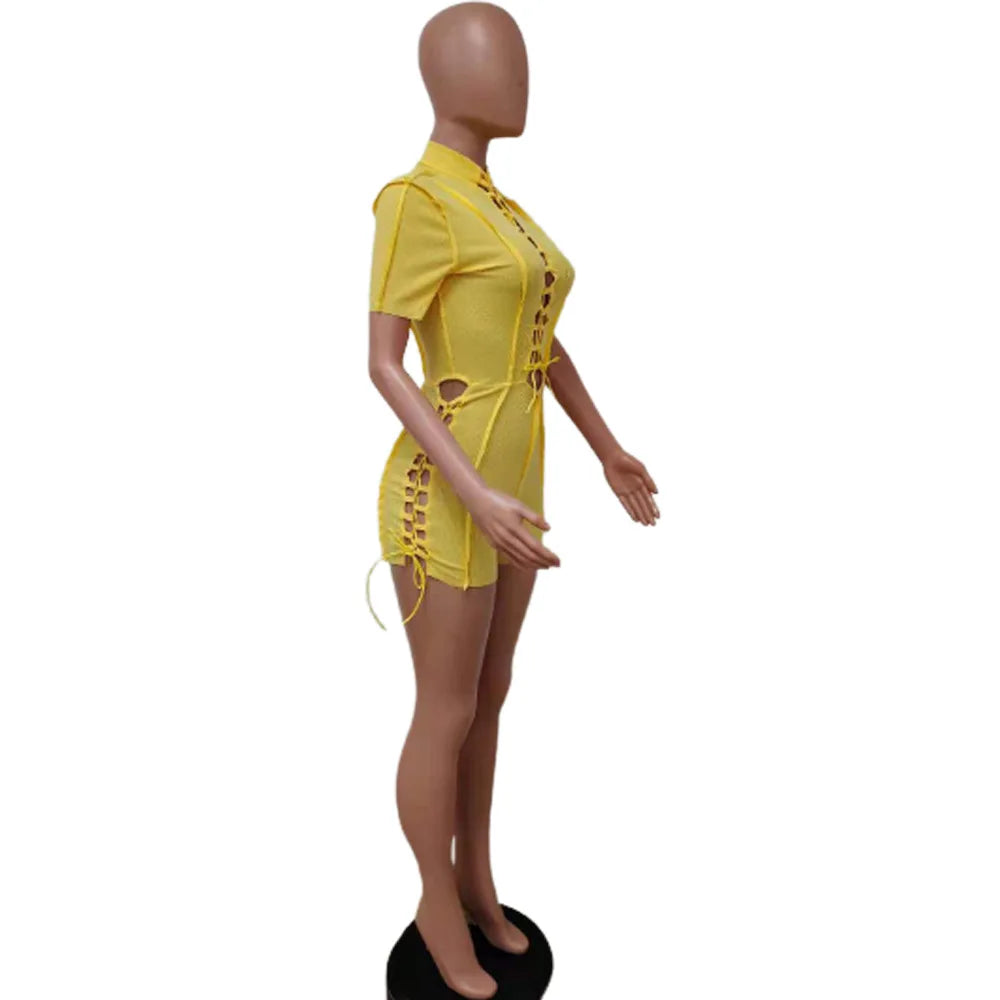 ANSKZTN Women Fashion Bodycon Solid O Neck Hollow Out Bandage Short Sleeve Rompers Jumpsuit
