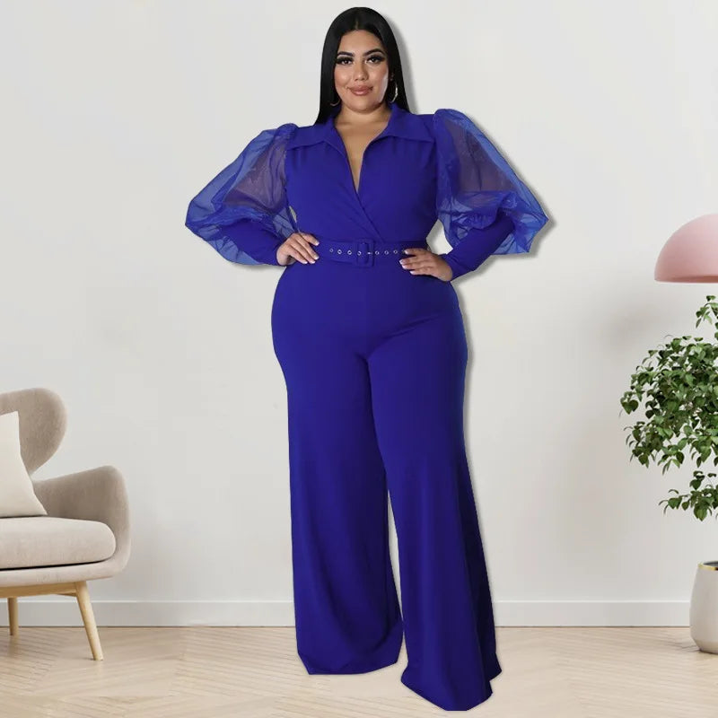 J2182 Trendy Jumpsuit Women Clothing Plus Size Women's V-Neck Long Sleeve Wide Leg Jumpsuit for Ladies