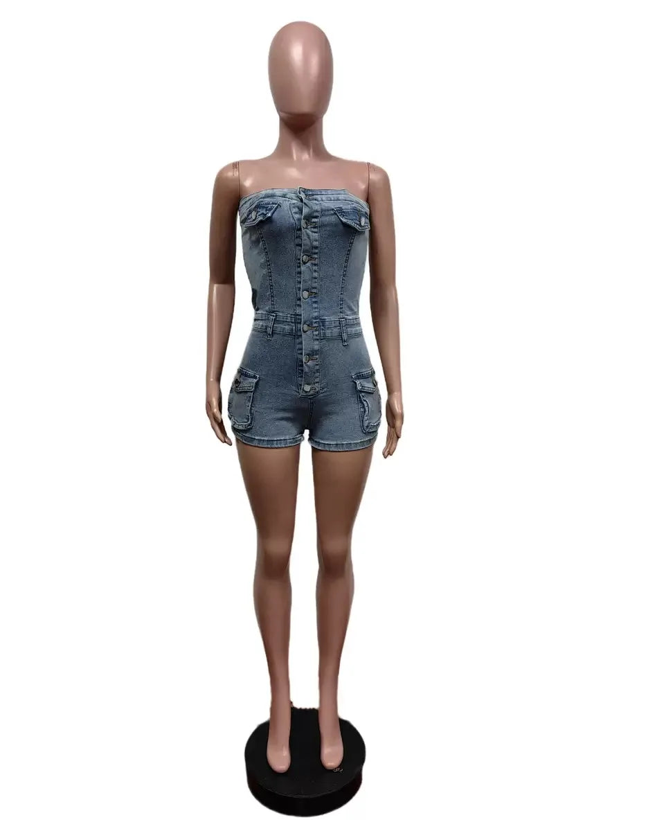 Summer Women Jeans Jumpsuit Off Shoulder 2024 Casual Elastic Denim Rompers Shorts Women