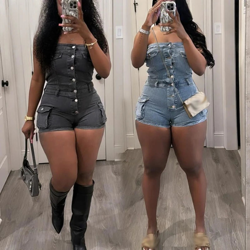 Summer Women Jeans Jumpsuit Off Shoulder 2024 Casual Elastic Denim Rompers Shorts Women
