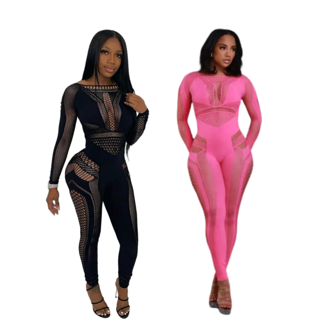 New Arrival Woman Bodysuit Hollow Out Middle Waist Tight Large Size Jumpsuits Solid Color Long Sleeve Sexy See-Through Jumpsuit
