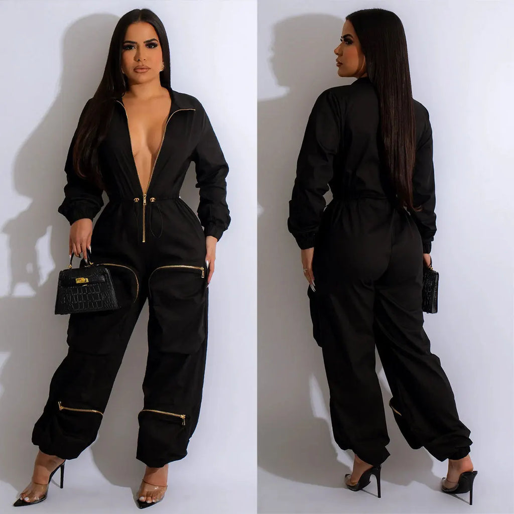New Trendy 2023 Winter Women Jumpsuit Casual Pocket Workout Rompers Plus Size Streetwear Lady Cargo Jumpsuit for Women