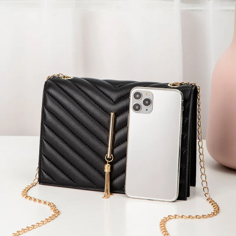 New Fashion Embroidered Mini Waterproof PU Bag Minimalist Fringe Chain Bag Handbag Women's Compact Square Crossbody Bag