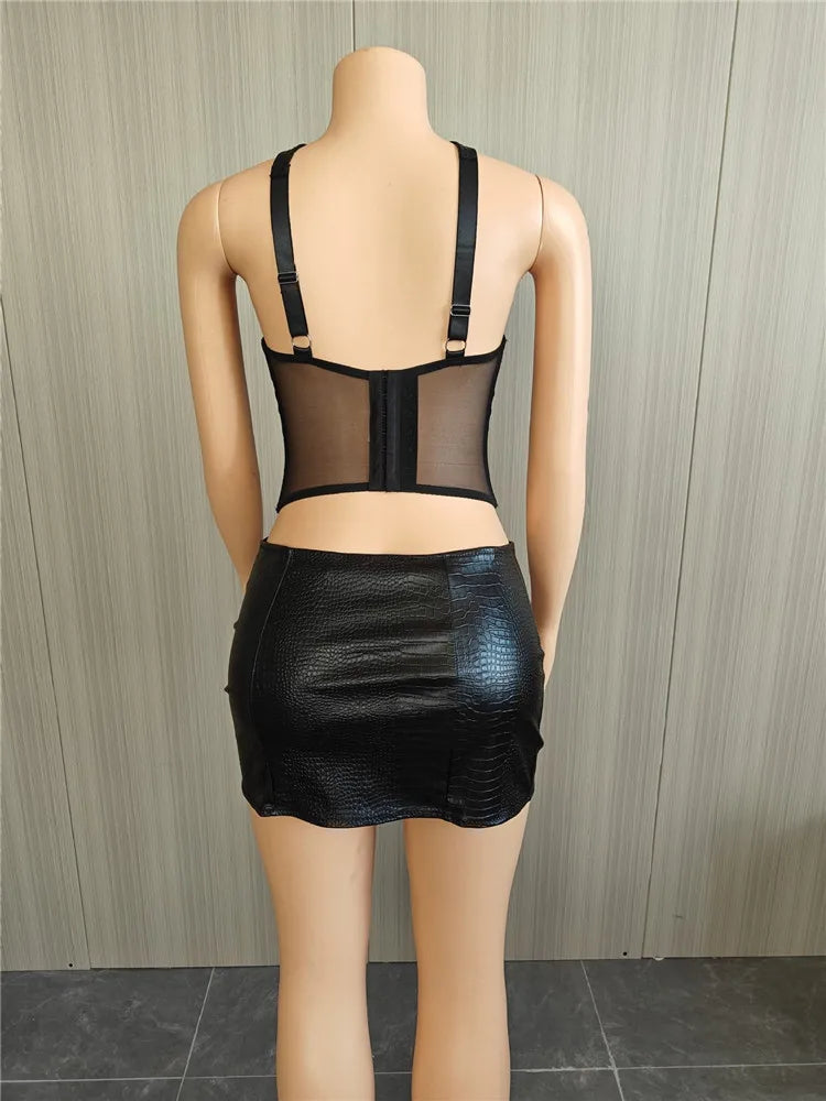 Serpentine Pu 2 Piece Set Women Sexy Hollow Out Cross Halter Backless Lace up Tank Crop Tops Split Bodycon Mini Skirts