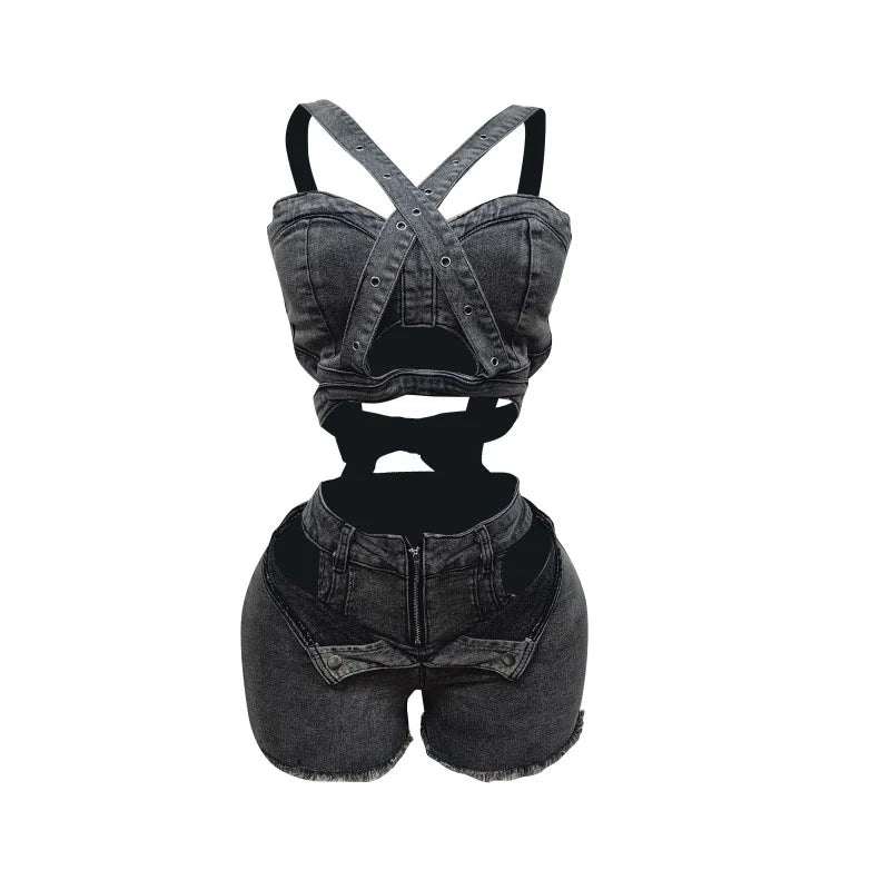 Strapless Elastic Shorts Set with Straps Suit Women's Pants Women Sets