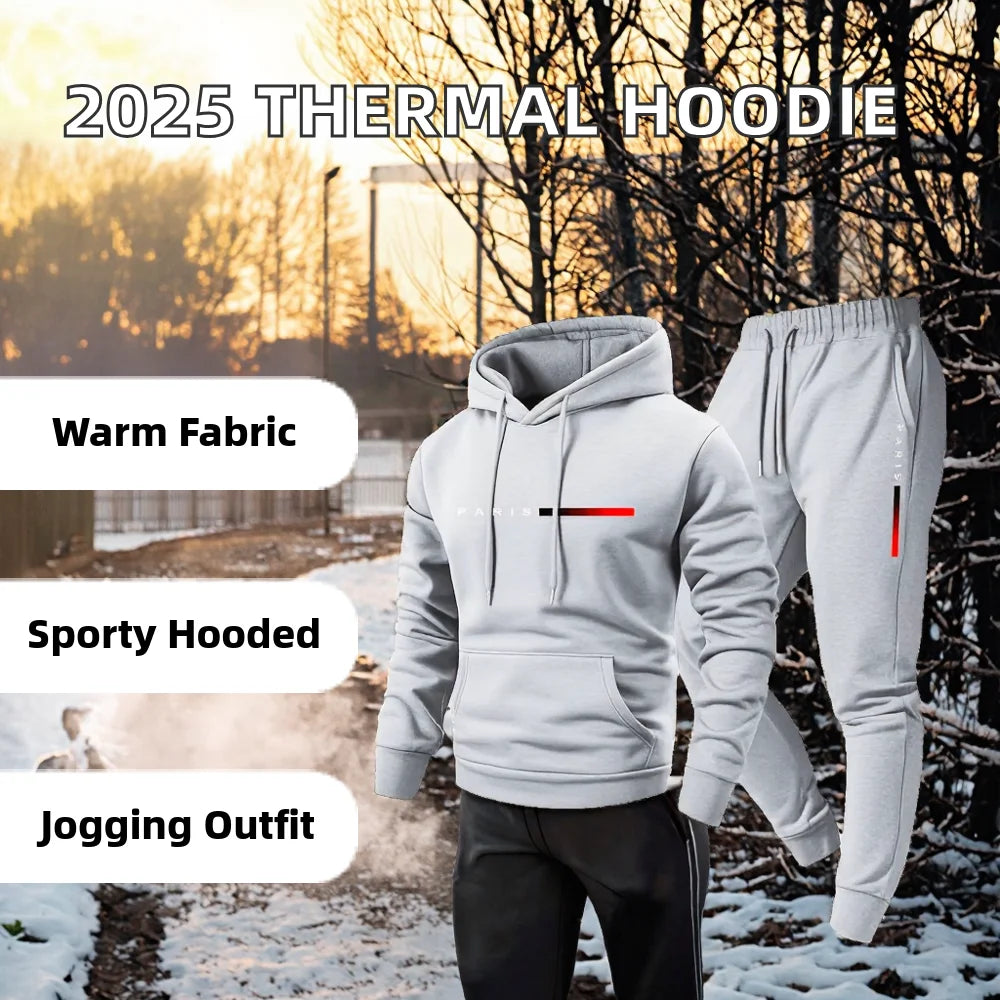 2025 New Autumn/Winter Men's Women's Printed Knitted Thermal Hooded Sporty Sportswear Sets Long Pants Outdoor Fashionable