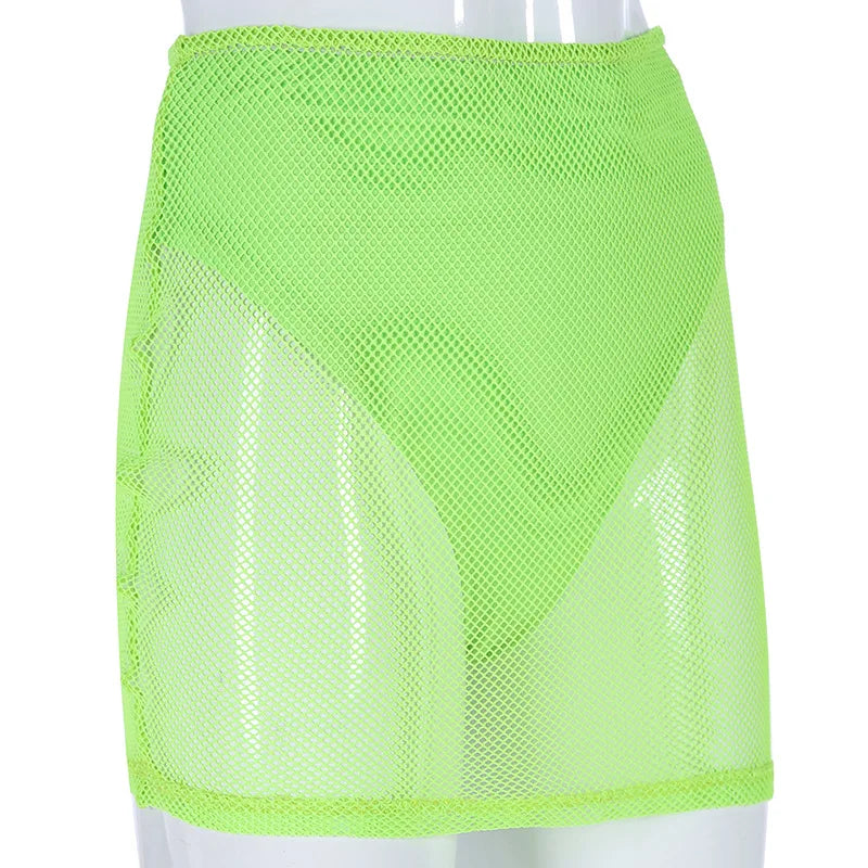 BKLD Crop Top And Skirt Set Outfit Tracksuit For Women Summer Clubwear Sheer Mesh Long Sleeve Mini Skirts Neon Two Piece Set