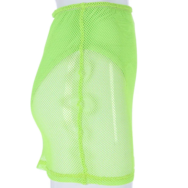 BKLD Crop Top And Skirt Set Outfit Tracksuit For Women Summer Clubwear Sheer Mesh Long Sleeve Mini Skirts Neon Two Piece Set