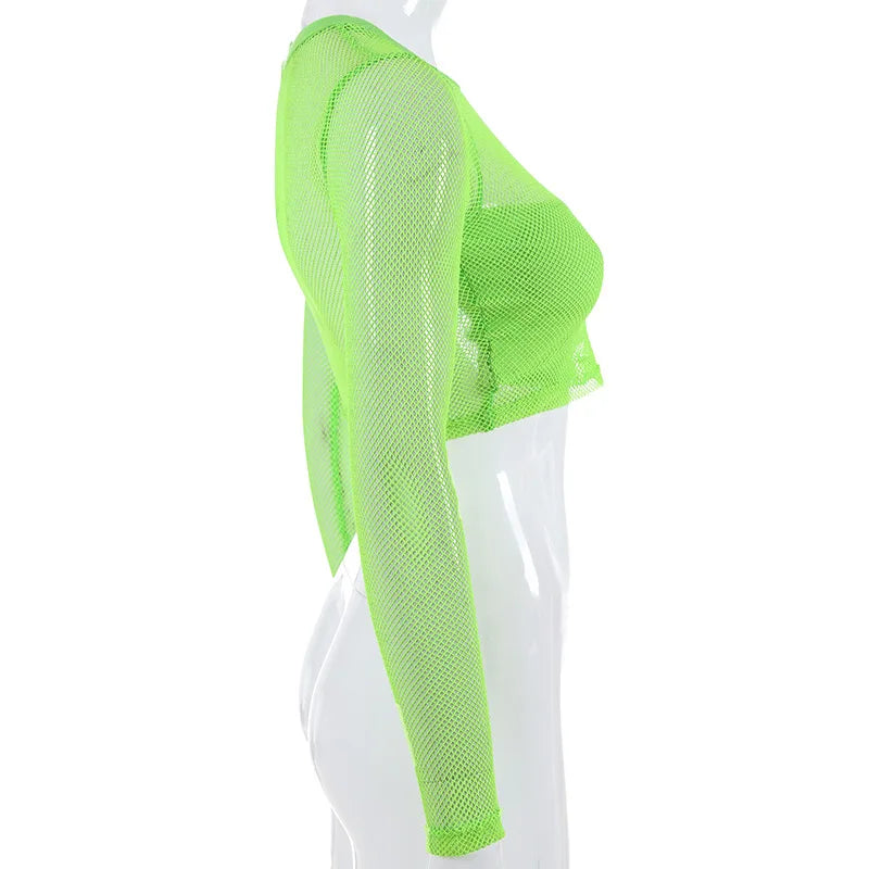 BKLD Crop Top And Skirt Set Outfit Tracksuit For Women Summer Clubwear Sheer Mesh Long Sleeve Mini Skirts Neon Two Piece Set