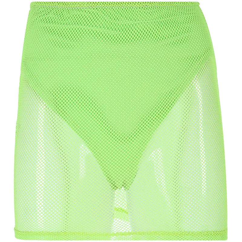 BKLD Crop Top And Skirt Set Outfit Tracksuit For Women Summer Clubwear Sheer Mesh Long Sleeve Mini Skirts Neon Two Piece Set