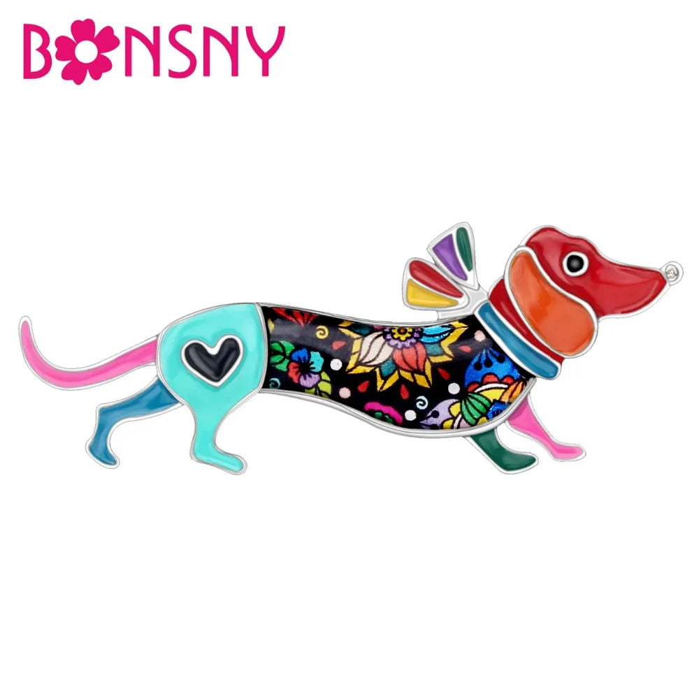 Bonsny Alloy Enamel Collar Dachshund Dog Brooches Cartoon Animal Jewelry Women Girls Pin For Scarf Clothes Decoration Gift Party