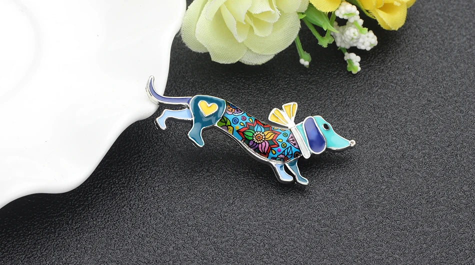 Bonsny Alloy Enamel Collar Dachshund Dog Brooches Cartoon Animal Jewelry Women Girls Pin For Scarf Clothes Decoration Gift Party