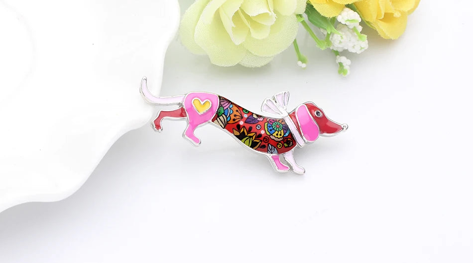 Bonsny Alloy Enamel Collar Dachshund Dog Brooches Cartoon Animal Jewelry Women Girls Pin For Scarf Clothes Decoration Gift Party