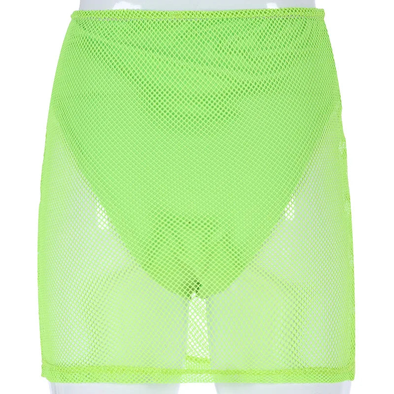 BKLD Crop Top And Skirt Set Outfit Tracksuit For Women Summer Clubwear Sheer Mesh Long Sleeve Mini Skirts Neon Two Piece Set