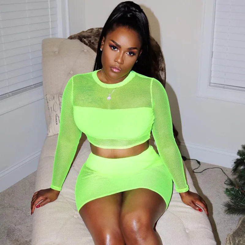 BKLD Crop Top And Skirt Set Outfit Tracksuit For Women Summer Clubwear Sheer Mesh Long Sleeve Mini Skirts Neon Two Piece Set