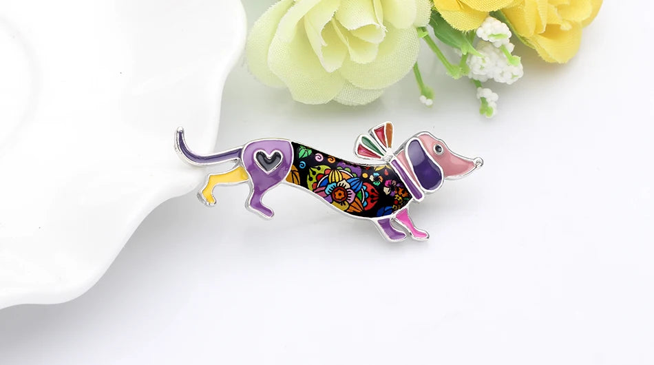 Bonsny Alloy Enamel Collar Dachshund Dog Brooches Cartoon Animal Jewelry Women Girls Pin For Scarf Clothes Decoration Gift Party