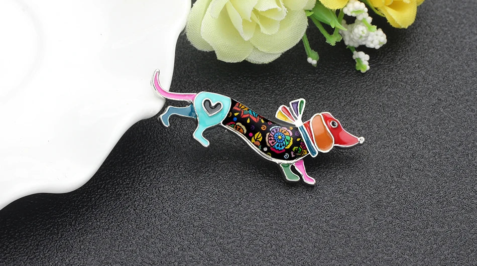 Bonsny Alloy Enamel Collar Dachshund Dog Brooches Cartoon Animal Jewelry Women Girls Pin For Scarf Clothes Decoration Gift Party