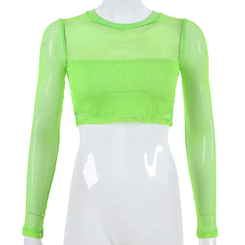 BKLD Crop Top And Skirt Set Outfit Tracksuit For Women Summer Clubwear Sheer Mesh Long Sleeve Mini Skirts Neon Two Piece Set