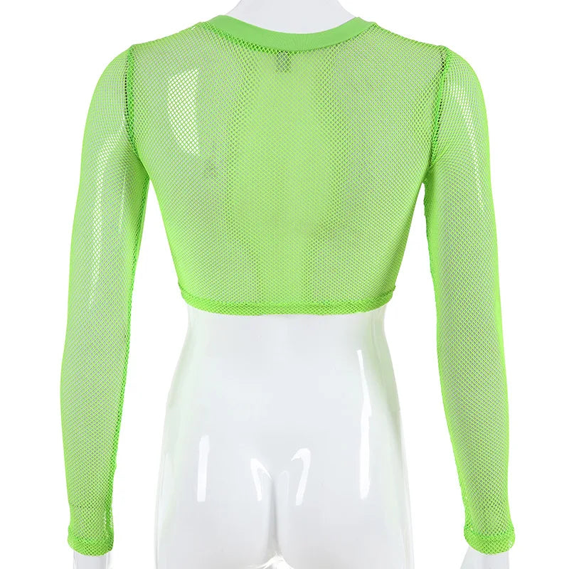 BKLD Crop Top And Skirt Set Outfit Tracksuit For Women Summer Clubwear Sheer Mesh Long Sleeve Mini Skirts Neon Two Piece Set