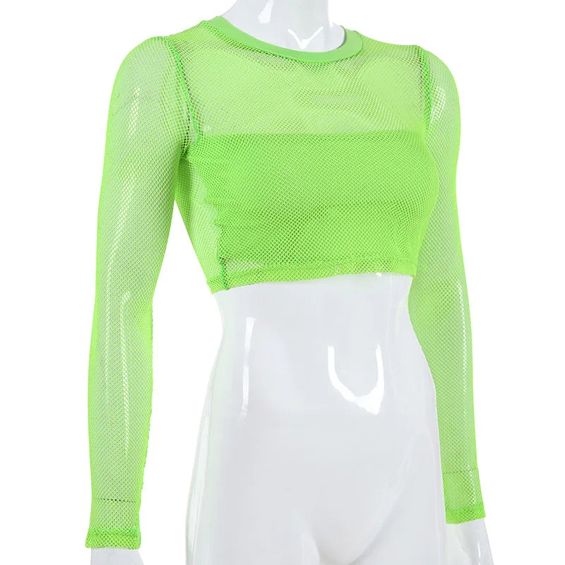 BKLD Crop Top And Skirt Set Outfit Tracksuit For Women Summer Clubwear Sheer Mesh Long Sleeve Mini Skirts Neon Two Piece Set