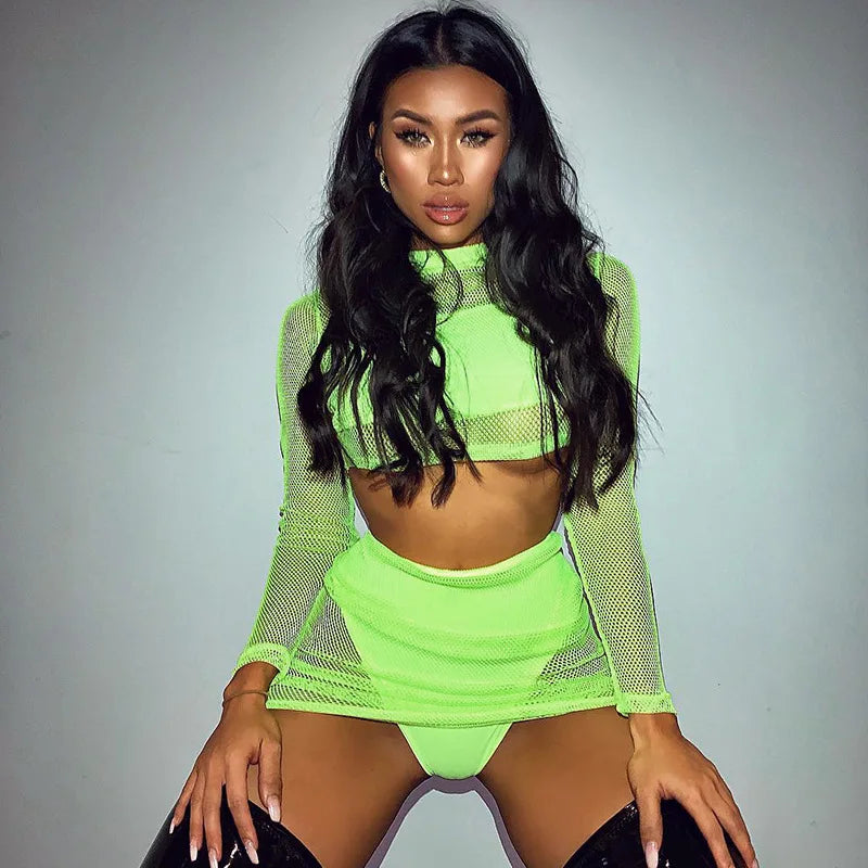 BKLD Crop Top And Skirt Set Outfit Tracksuit For Women Summer Clubwear Sheer Mesh Long Sleeve Mini Skirts Neon Two Piece Set