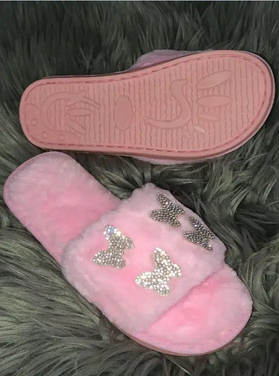 2025 autumn/winter women new round-toe thick-soled flat mid-heel fur sandals bowknot rhinestone slippers Home slippers