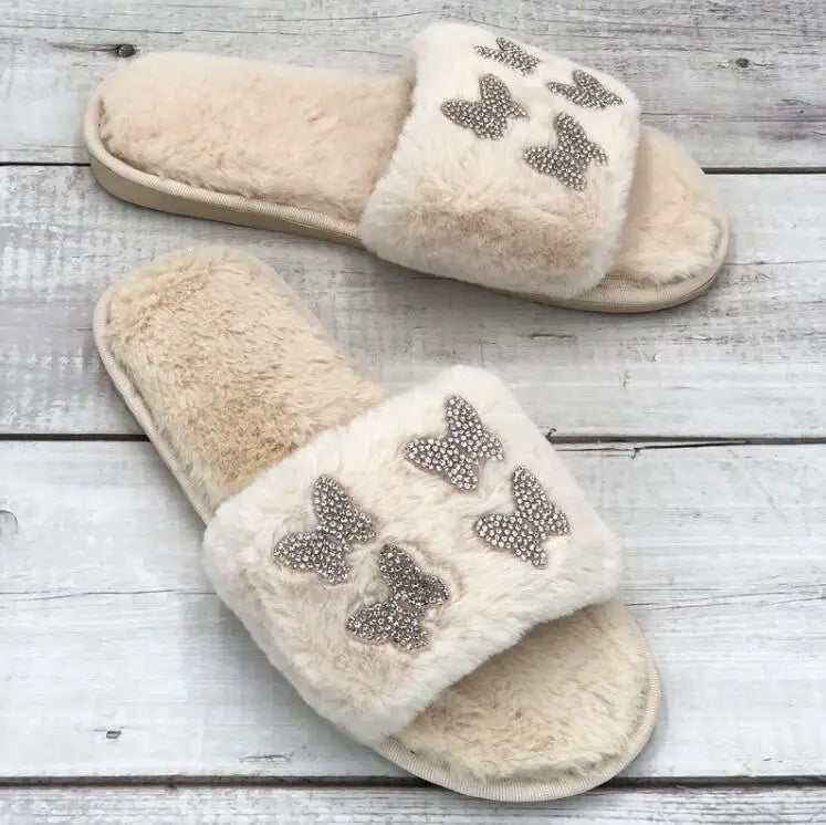 2025 autumn/winter women new round-toe thick-soled flat mid-heel fur sandals bowknot rhinestone slippers Home slippers